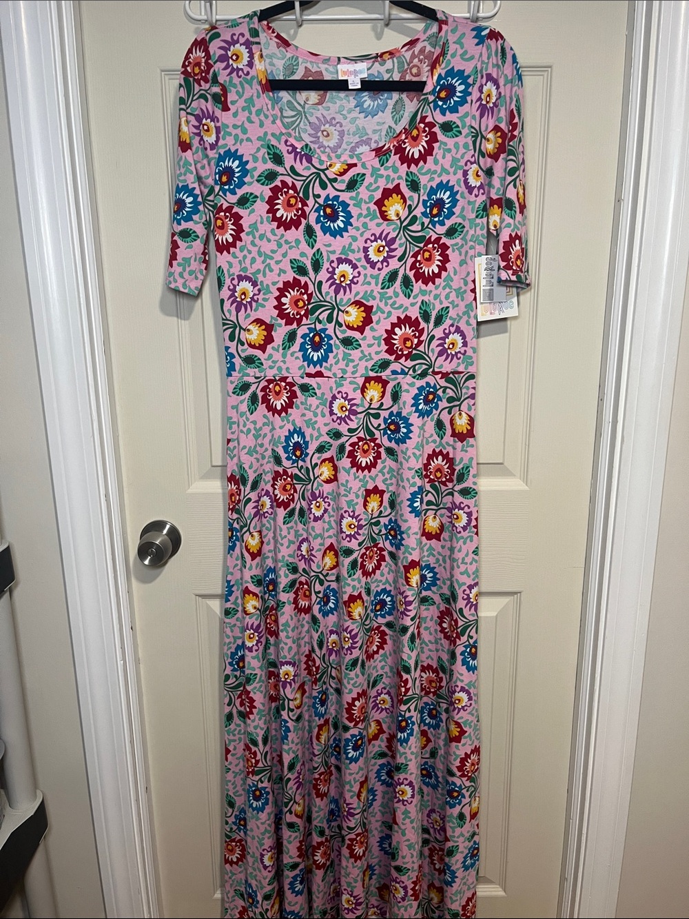 LuLaRoe Pink Floral Scoop-Neck Maxi Dress with Multicolor Blooms
